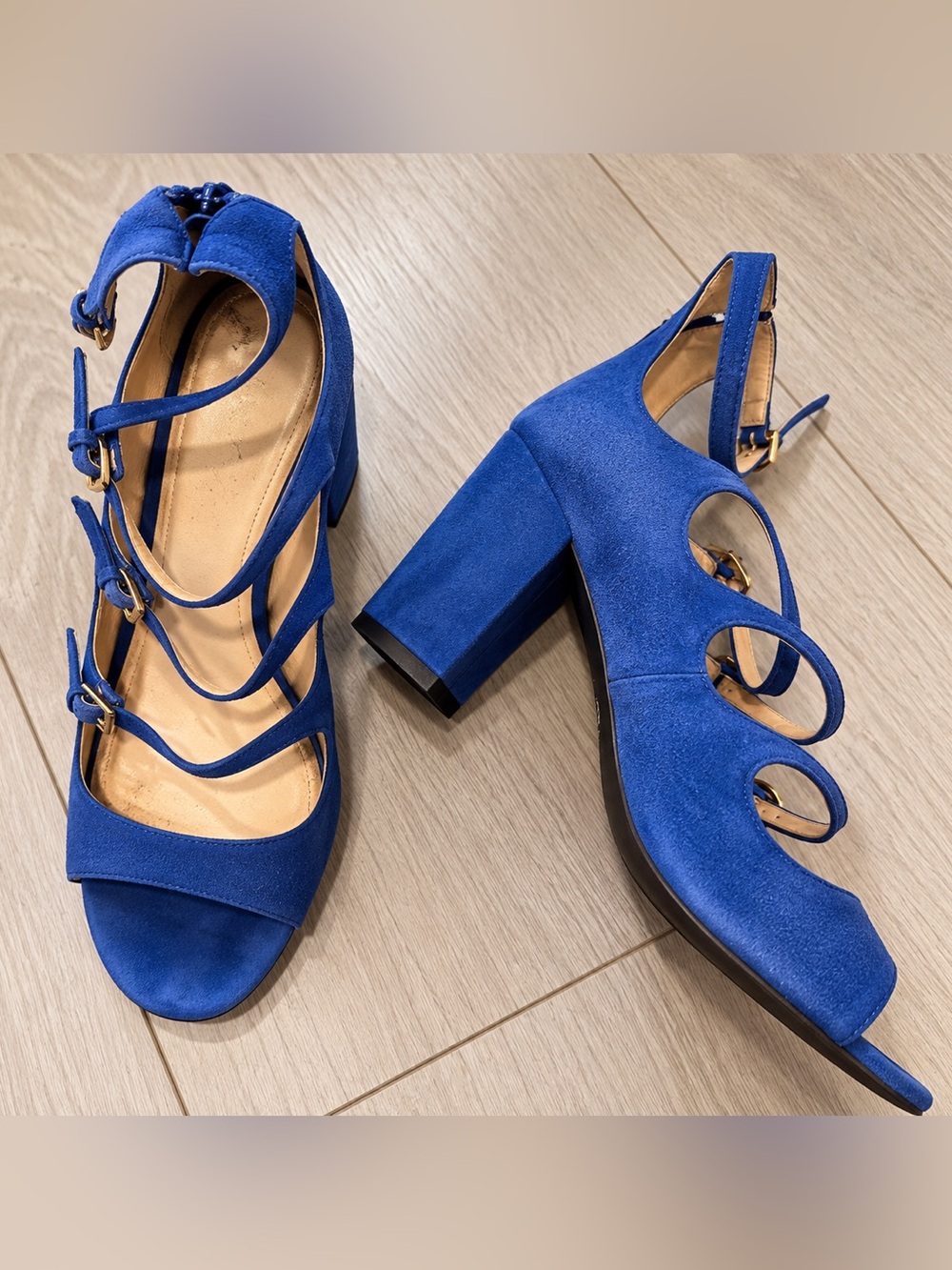 Cole Haan Royal Blue Suede Triple-Strap Block Heel Sandals